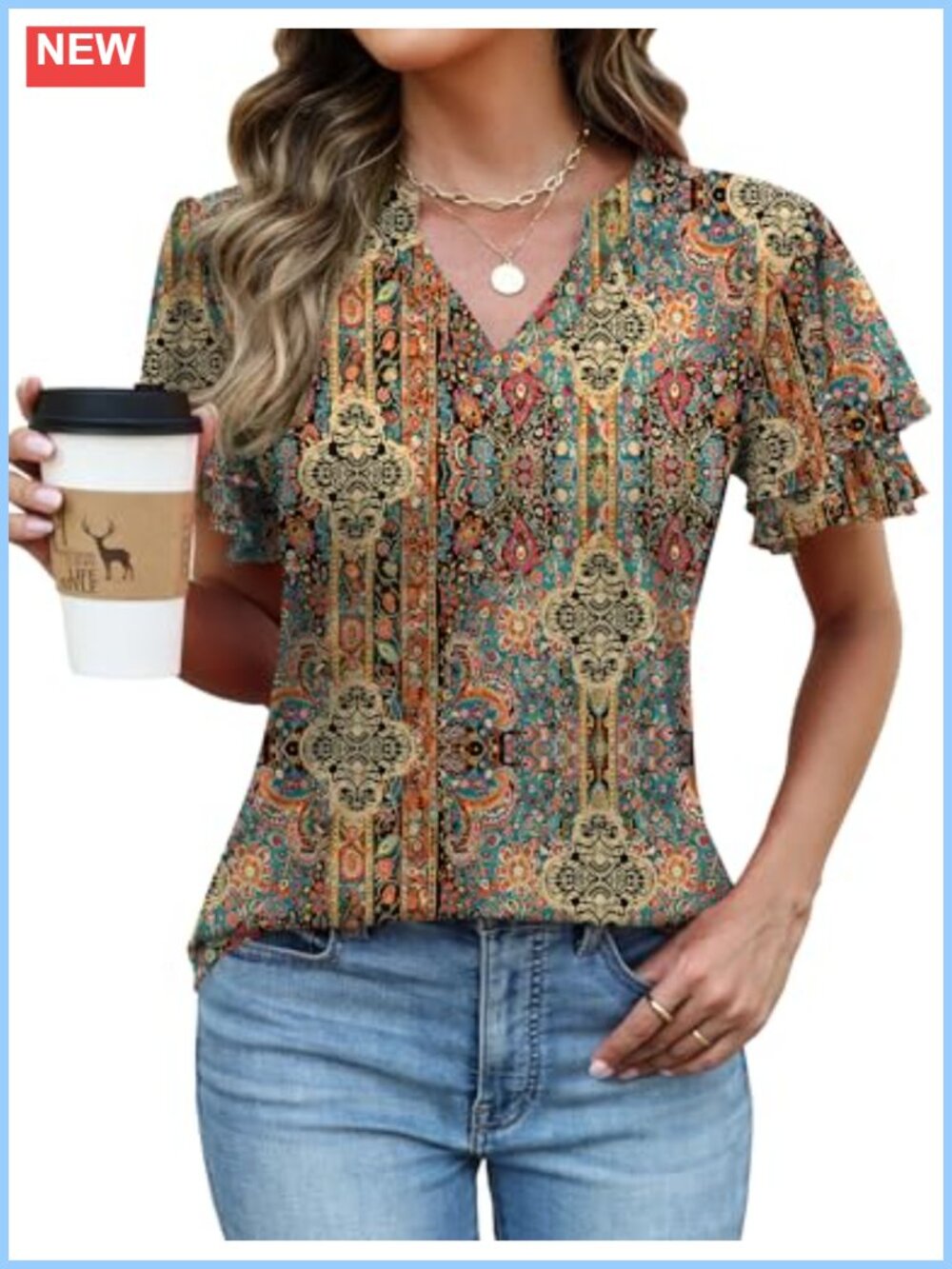 Ruffle Short Sleeve V Neck Tunic Top Dressy Casual Blouse